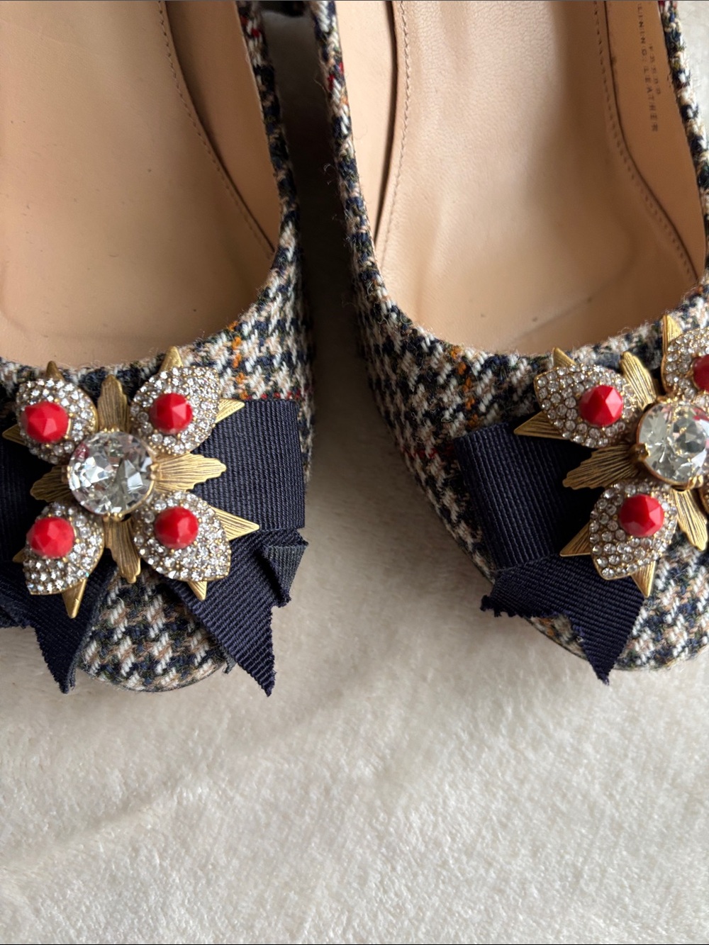 J. Crew Tweed Flats with Navy Bow and Red Jewel Flower - Picture 2 of 7